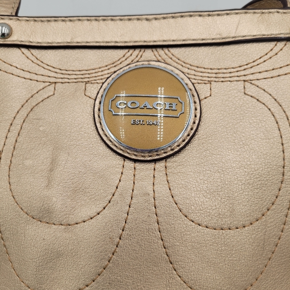 Coach Metalic Gold Bucket Medium Tote Shoulder bag Spots on Front Hangtag - Picture 3 of 16